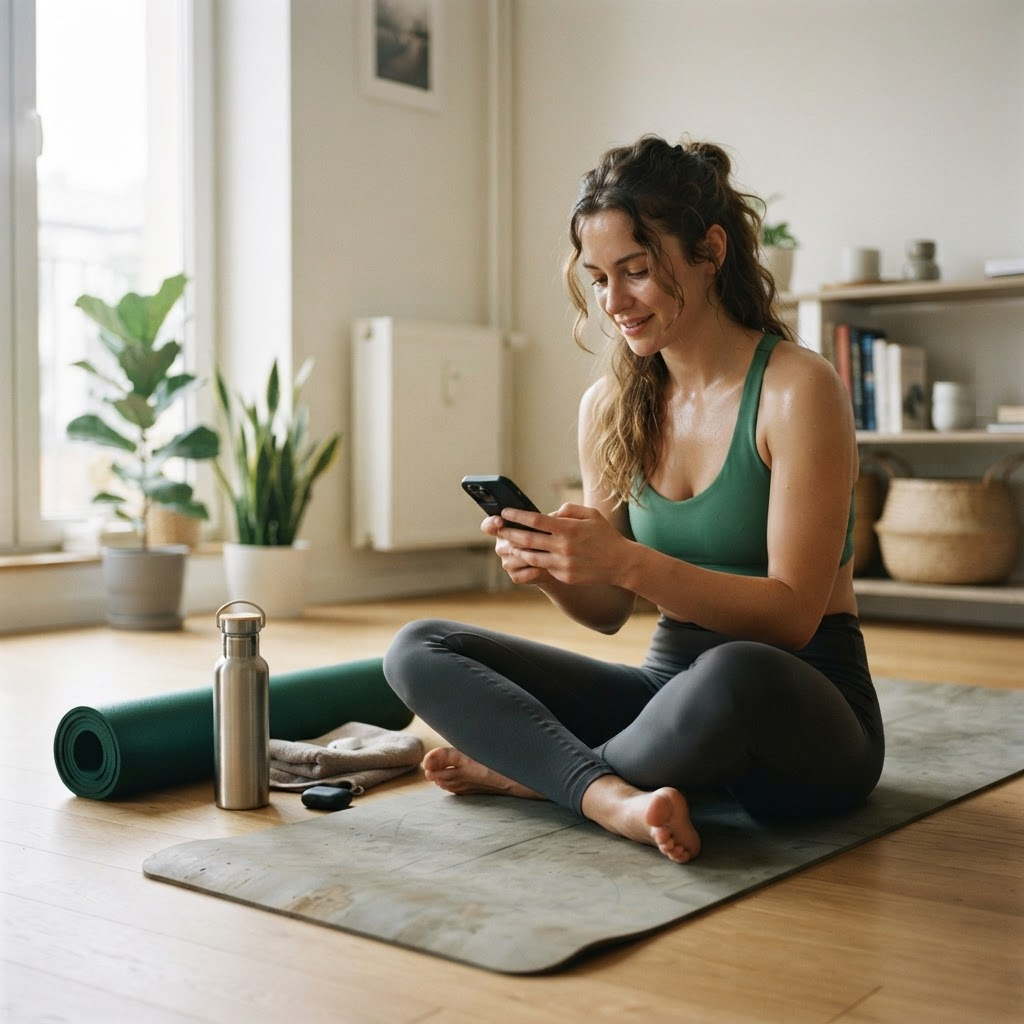 Mujer revisando su plan de entrenamiento en el teléfono luego de entrenar en casa