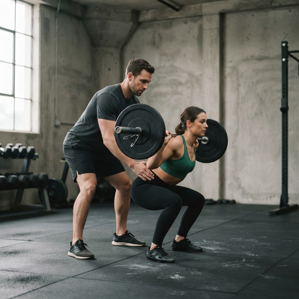 Coach corrigiendo la técnica de sentadilla de un cliente en el gimnasio