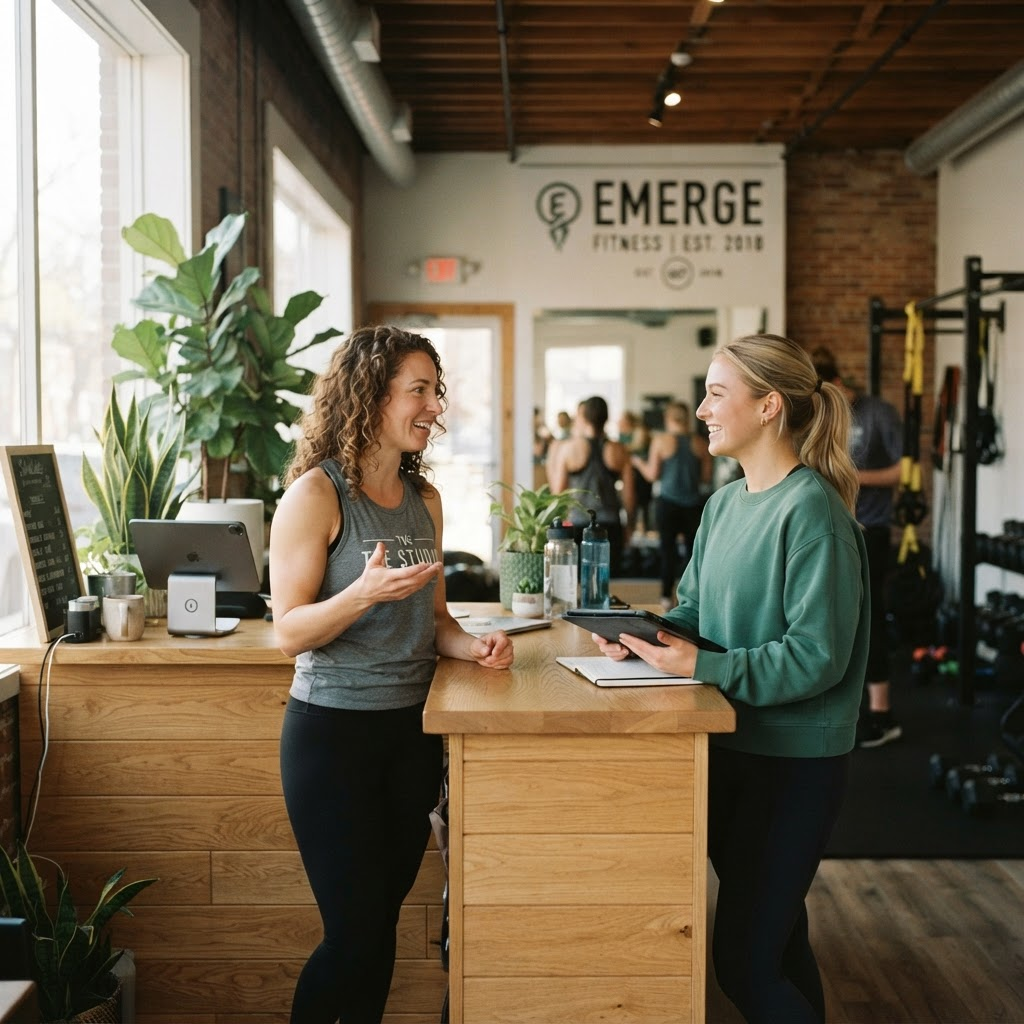 Dos entrenadores conversando en la recepción de un estudio de fitness boutique
