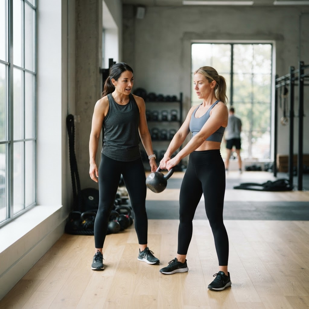 Coach guiando un entrenamiento con kettlebell en un gimnasio luminoso